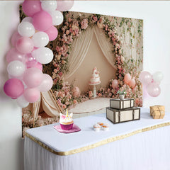 Lofaris Rosa Blumen Geburtstagshintergrund für Mädchen mit Zelt und Ballons, elegante Fotokulisse für Babyparty und Fotoshootings