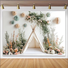 Lofaris Verträumter Natur Fotohintergrund mit Tipi und Blumen für Babyfotoshootings, Fotokulisse für Kinderporträts und Studio-Dekoration