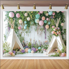 Lofaris Märchenhafter Garten Fotohintergrund mit Teepees und Pastellblumen, idyllische Kulisse für Baby- und Kinderfotografie