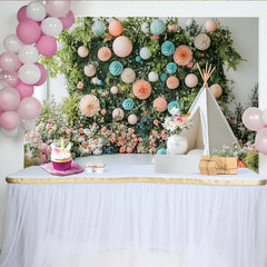 Lofaris Verträumter Garten Fotohintergrund mit Pastellfarben und Tipi-Zelt, üppige Kulisse für Baby- und Kinderfotoshootings
