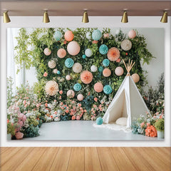 Lofaris Verträumter Garten Fotohintergrund mit Pastellfarben und Tipi-Zelt, üppige Kulisse für Baby- und Kinderfotoshootings