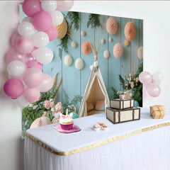 Lofaris Boho Fotohintergrund mit Tipi-Zelt und Wabenbällen für Kinder, sanfte Kulisse in Holzoptik für Baby- und Kinderfotoshootings