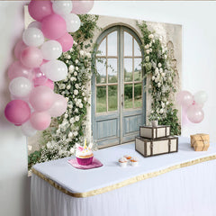 Lofaris Rustikaler Blumen-Tür-Fotohintergrund mit weißen Rosen und Eukalyptus, elegante Kulisse für Hochzeitsfotoshootings