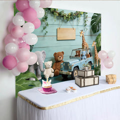 Lofaris Mintgrüner Safari Tier-Fotohintergrund mit Holzstruktur, perfekte Kulisse für Baby- und Kinderfotoshooting