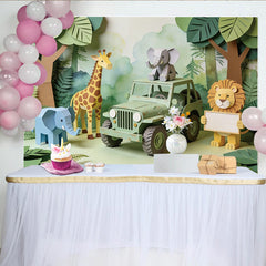 Lofaris Niedlicher Safari Babyparty Hintergrund mit Dschungeltieren und Jeep, grüne Fotowand für Kinderzimmer Dekoration