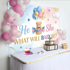 Lofaris Geschlechtsenthüllung Babyparty Hintergrund Blau Rosa, süße Kulisse mit Teddybär und Luftballons für Fotoshooting