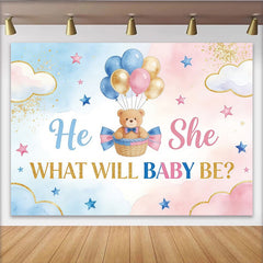 Lofaris Geschlechtsenthüllung Babyparty Hintergrund Blau Rosa, süße Kulisse mit Teddybär und Luftballons für Fotoshooting