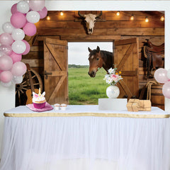 Lofaris Rustikaler Scheunen-Fotohintergrund mit Pferd und Holzwand, Vintage Western Kulisse für Bauernhof-Partys und Fotoshootings
