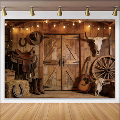 Lofaris Rustikaler Western-Fotohintergrund mit Holzstruktur und Lichterketten, perfekte Kulisse für Fotoshootings und Themenpartys