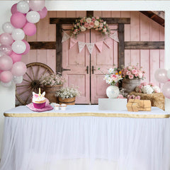Lofaris Rosa Landhausstil Fotohintergrund mit Blumenbogen und Holztür, charmante Kulisse für Porträts und Familienfotoshootings
