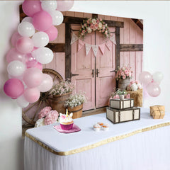 Lofaris Rosa Landhausstil Fotohintergrund mit Blumenbogen und Holztür, charmante Kulisse für Porträts und Familienfotoshootings