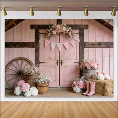 Lofaris Rosa Landhausstil Fotohintergrund mit Blumenbogen und Holztür, charmante Kulisse für Porträts und Familienfotoshootings