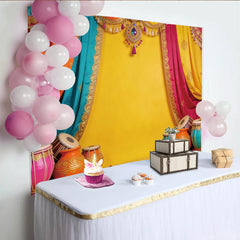 Lofaris Leuchtender Indischer Festhintergrund mit bunten Vorhängen und Trommeln, elegante Bollywood Party Kulisse für Fotostudio Dekoration