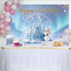 Lofaris Goldener Happy Birthday Eispalast-Geburtstagshintergrund mit Uhr und Schneeflocken, magische Winterwunderland-Kulisse für Mädchen
