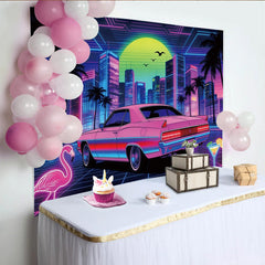 Lofaris Retro-Nachtstadt Fotohintergrund mit Neonlichtern und Oldtimer, lebendige Kulisse für professionelles Fotostudio