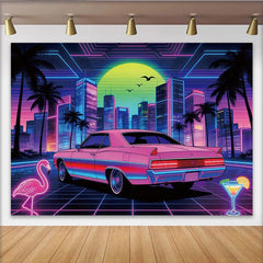 Lofaris Retro-Nachtstadt Fotohintergrund mit Neonlichtern und Oldtimer, lebendige Kulisse für professionelles Fotostudio