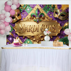 Lofaris Glitzernder Mardi Gras Hintergrund in Lila Grün Gold mit Masken, festliche Kulisse für Karnevalspartys und Fotoshootings