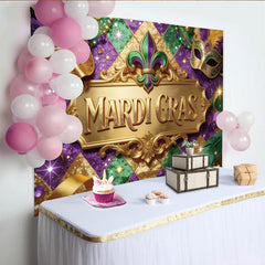 Lofaris Glitzernder Mardi Gras Hintergrund in Lila Grün Gold mit Masken, festliche Kulisse für Karnevalspartys und Fotoshootings