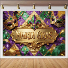 Lofaris Glitzernder Mardi Gras Hintergrund in Lila Grün Gold mit Masken, festliche Kulisse für Karnevalspartys und Fotoshootings