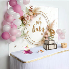 Lofaris Goldener Oh Baby Babyparty-Hintergrund mit Blumen und Pampasgras, elegante Boho-Kulisse für Baby Shower Fotoshooting Dekoration