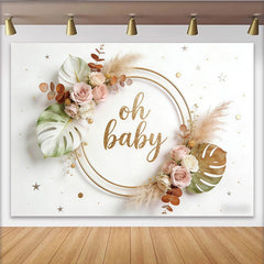 Lofaris Goldener Oh Baby Babyparty-Hintergrund mit Blumen und Pampasgras, elegante Boho-Kulisse für Baby Shower Fotoshooting Dekoration