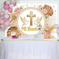 Lofaris Eleganter Taufhintergrund mit Goldkreuz Tauben und rosa Rosen, festliche Kulisse für Baby Taufe und Fotoshooting Dekoration