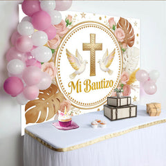 Lofaris Eleganter Taufhintergrund mit Goldkreuz Tauben und rosa Rosen, festliche Kulisse für Baby Taufe und Fotoshooting Dekoration