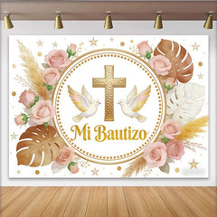 Lofaris Eleganter Taufhintergrund mit Goldkreuz Tauben und rosa Rosen, festliche Kulisse für Baby Taufe und Fotoshooting Dekoration