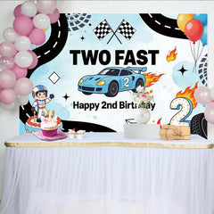 Lofaris Blauer Rennwagen 2. Geburtstag Hintergrund für Jungen Two Fast, dynamische Partydekoration mit Zielflaggen und Ballons