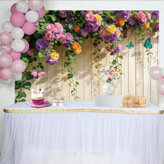 Lofaris Bunter Frühlingsblumen Fotohintergrund mit Holzstruktur, elegante Kulisse für Porträts und Naturfotografie