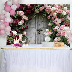Lofaris Romantischer Rosentür Fotohintergrund mit roten und rosa Rosen, elegante Kulisse für Hochzeitsfotos und Porträtaufnahmen
