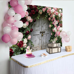 Lofaris Romantischer Rosentür Fotohintergrund mit roten und rosa Rosen, elegante Kulisse für Hochzeitsfotos und Porträtaufnahmen