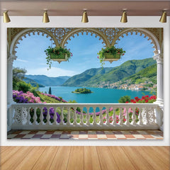 Lofaris Malerischer Balkon-Landschaftshintergrund mit See und Bergen, idyllische Fotowand für professionelle Fotoshootings