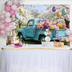 Lofaris Bunter Osterhintergrund mit Oldtimer-Pickup, Hasen und Ostereiern, idyllische Frühlingskulisse für Familienfotoshootings