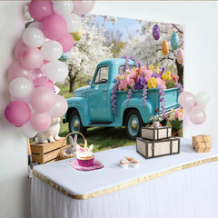 Lofaris Bunter Osterhintergrund mit Oldtimer-Pickup, Hasen und Ostereiern, idyllische Frühlingskulisse für Familienfotoshootings