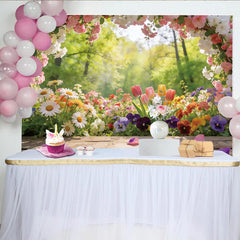 Lofaris Idyllischer Frühlingsblumen-Fotohintergrund mit bunten Blüten und Holzboden, natürliche Fotokulisse für Studio und Event