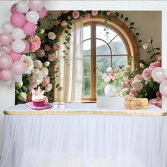 Lofaris Romantischer Blumenfenster Fotohintergrund mit rosa und weißen Rosen, elegante Kulisse für Porträtfotografie und Studiodekoration