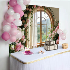 Lofaris Romantischer Blumenfenster Fotohintergrund mit rosa und weißen Rosen, elegante Kulisse für Porträtfotografie und Studiodekoration