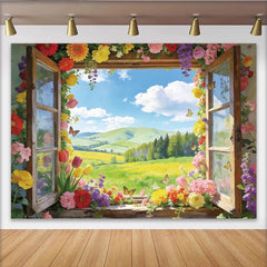 Lofaris Blumenfensterblick Fotohintergrund mit Schmetterlingen, malerische Frühlingslandschaft Kulisse für Fotostudio und Event
