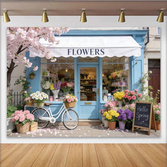 Lofaris Idyllischer Frühlingsblumenladen-Hintergrund mit blauer Fassade und Kirschblüten, charmante Fotokulisse für Eventdekoration