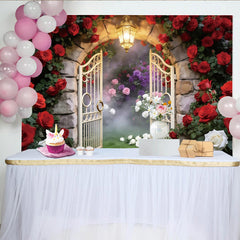 Lofaris Romantischer Rosengarten Hintergrund mit Steinbogen und roten Rosen, elegantes Tor für Märchenfotografie und Fotoshooting