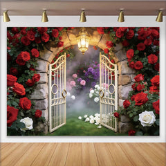Lofaris Romantischer Rosengarten Hintergrund mit Steinbogen und roten Rosen, elegantes Tor für Märchenfotografie und Fotoshooting