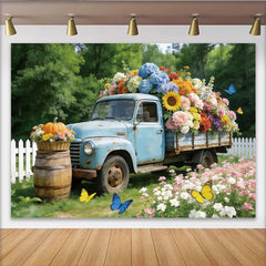 Lofaris Rustikaler Vintage LKW Blumen Fotohintergrund mit Schmetterlingen, idyllische Kulisse für Fotoshootings und saisonale Dekoration