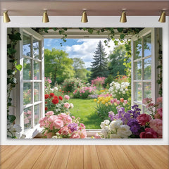 Lofaris Offenes Fenster Frühlingsgarten Fotohintergrund mit bunten Blumen, natürliche Kulisse für Fotoshooting und Event Dekoration