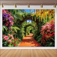 Lofaris Malerischer Blumenbogen-Gartenweg Fotohintergrund mit üppigen Pflanzen, traumhafte Kulisse für Fotoshootings und Eventdekoration