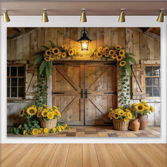 Lofaris Rustikaler Holzscheunen-Fotohintergrund mit Sonnenblumen und Laterne, idyllische Kulisse für professionelle Fotoshootings