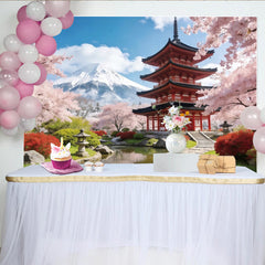 Lofaris Japanische Frühlingslandschaft Hintergrund mit Kirschblüten und Berg Fuji, malerische Fotokulisse für Porträts und Dekoration