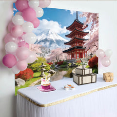 Lofaris Japanische Frühlingslandschaft Hintergrund mit Kirschblüten und Berg Fuji, malerische Fotokulisse für Porträts und Dekoration