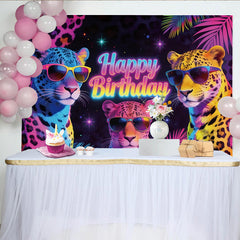 Lofaris Happy Birthday Neon-Leoparden-Hintergrund mit Sonnenbrillen, coole Fotokulisse für lebendige Partydekoration und Fotoshootings
