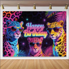 Lofaris Happy Birthday Neon-Leoparden-Hintergrund mit Sonnenbrillen, coole Fotokulisse für lebendige Partydekoration und Fotoshootings